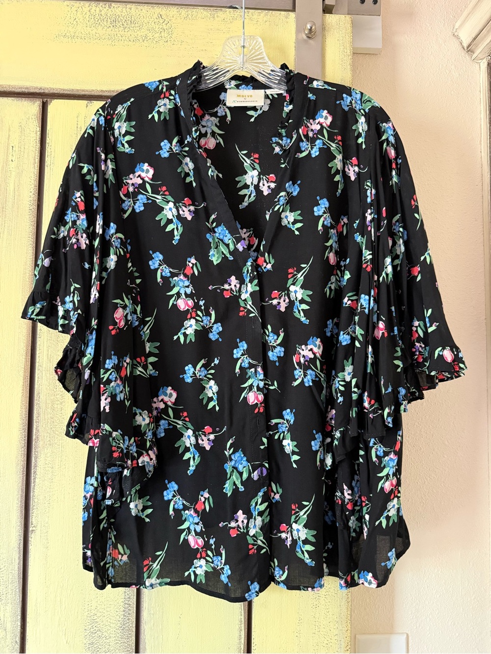 Maeve Black Floral V-Neck Flutter Sleeve Blouse